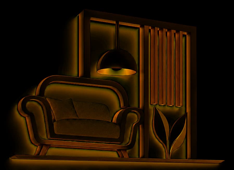 The workshop's logo artwork: an armchair under a pendant lamp beside wooden slats